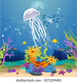 beautiful jellyfish in the ocean. There are corals, fish, anemones and algae. vector illustration
