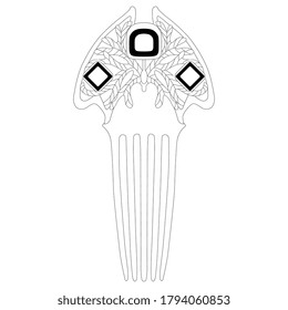 Beautiful jeweled vintage comb. Art Nouveau style. Black and white linear silhouette.