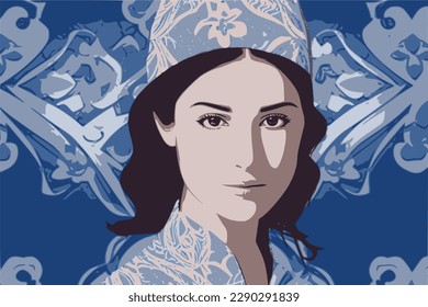 Beautiful jewish girl on blue and white patterned background for Jewish American Heritage Month (JAHM)