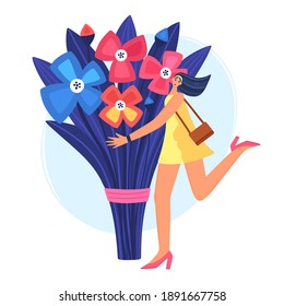 Beautiful and joyful girl holding huge bouquet of flowers. Disproportionate body. Trendy character design. Postcard or poster for International Womens Day, Birthday or Mothers Day. Book cover. Vector