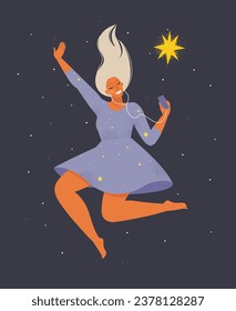 Beautiful joyful girl jumps with happiness and joy and the stars shine brighter for her. Fantasy and imagination, mental health and psychology. Positivity and optimism. Poster or banner.