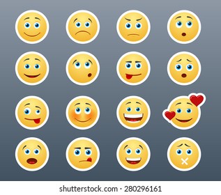 Beautiful joyful and sad smiley yellow stickers in a small set of