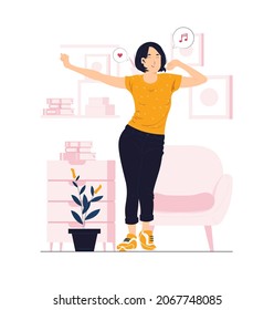 beautiful joyful young woman listening music in headphones and dance concept illustrations