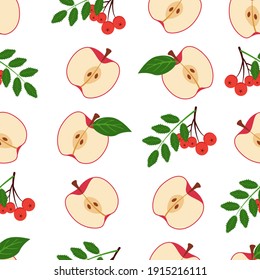 Beautiful juicy apples and mountain ash with green leaves on an isolated white background. Seamless banner, poster, greeting card. Vector