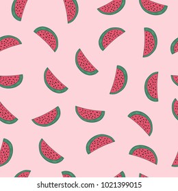 a beautiful juicy pattern of seamless textiles. fruit eating watermelon on a pink background