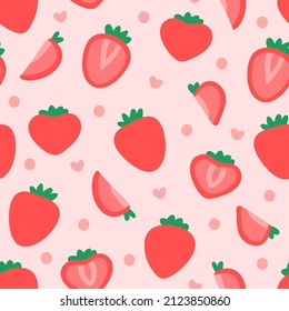 Beautiful juicy sweet strawberries in flat style. Seamless fruit pattern on a pink background.