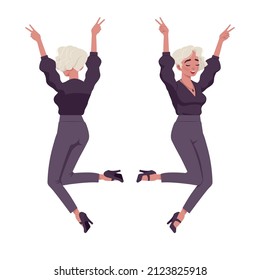 Beautiful jumping pose blonde woman, white dyed hair, business outfit. Office attire lady, professional chic work outfits. Vector flat style cartoon illustration isolated on background, front, rear