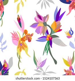 Beautiful jungle day. Seamless vector pattern with blooming exotic flowers and tropical leaves. Swimwear textile collection. On white background.