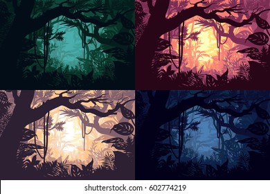 Beautiful jungle landscapes set with tropical forest sceneries in different colors and day time vector illustration