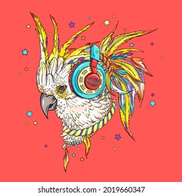 Beautiful kakadu parrot  in bright headphones. Illustration in a hand-drawn style. Stylish image for printing on any surface