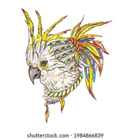 Beautiful kakadu parrot head in boho style illustration. Illustration in a hand-drawn style. Stylish image for printing on any surface