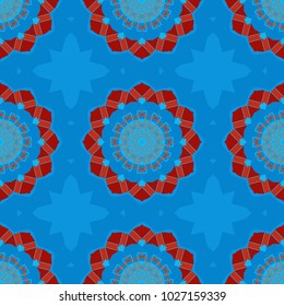 Beautiful kaleidoscope seamless pattern. Multicolor mosaic texture. Vector abstract kaleidoscope background in blue, red and orange colors. Unique kaleidoscope design.