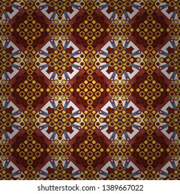 Beautiful kaleidoscope seamless pattern. Multicolor mosaic texture. Unique kaleidoscope design. Vector abstract kaleidoscope background in yellow, brown and red colors.