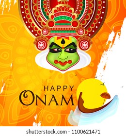 Beautiful Kathakali Dancer Face on Grungy Floral Wallpaper Design, Happy Onam.
