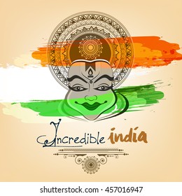 Beautiful Kathakali Dancer face on Grunge Background of Tri-Color with stylish text and Floral Frame on the ocassion of Independence Day. 