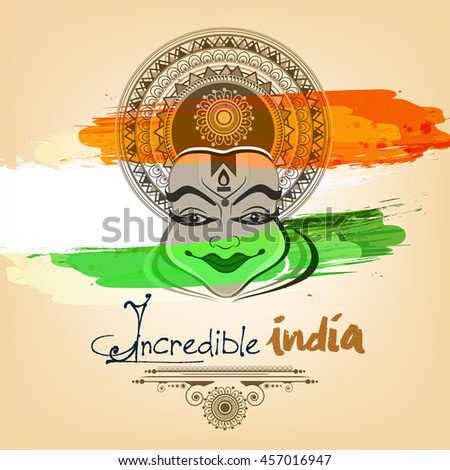 Beautiful Kathakali Dancer face on Grunge Background of Tri-Color with stylish text and Floral Frame on the ocassion of Independence Day. 