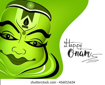 Beautiful Kathakali Dancer face with stylish text design for South Indian Festival, Happy Onam celebration.
