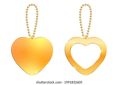 Beautiful keychain with heart pendant on a gold chain. Realitic necklace or bracelet in gold setting isolated on white background. Set of decorations for women. Love symbol. Vector illustration EPS10