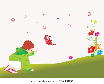 beautiful kid playing in the garden, vector illustration