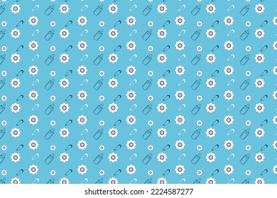 Beautiful kid's pattern design with flowers, baby feeders, and safety pin icons. Seamless pattern decoration for childish clothes, book covers, and wallpapers. Endless childish pattern decoration.