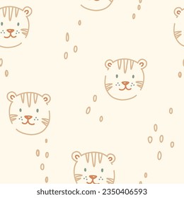 Beautiful kids vector seamless pattern with cute hand drawn tiger faces. Children stock illustratrion.