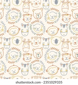 Beautiful kids vector seamless pattern with cute hand drawn safari animal faces. Children stock lion tiger bear zebra monkey illustratrion.