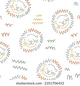 Hermosos niños vectores patrón sin fisuras con lindas caras de león dibujadas a mano. Ilustración de material infantil.