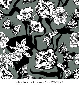 Beautiful kimono pattern. Large tulips and narcissus on grey background. Oriental textile collection. Floral print with Japanese motifs.