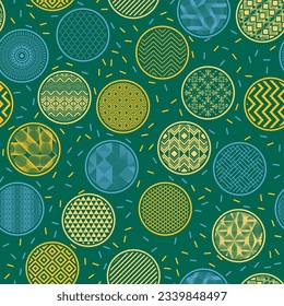 Hermosa muestra de kimono vectorial ornamento interminable. Formas de burbuja con patrones geométricos en el interior. Geometría coreana en círculos. Fondo de textura con puntos. Diseño de envoltura de té.