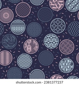 Beautiful kimono swatch vector endless pattern. Circular shapes with geometric patterns inside. Asian motives in bubbles. Mottled texture background. Toy packaging design.