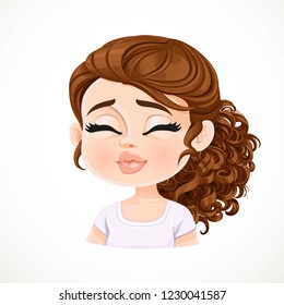Beautiful  kisses cartoon brunette girl with dark chocolate hair portrait isolated on white background