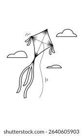 Beautiful Kite with clouds around line drawing isolated on white background - vector illustration