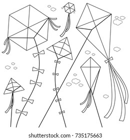 Beautiful kites and clouds in the sky. Happy kites of various shapes fly in the clear sky. Vector black and white coloring page.