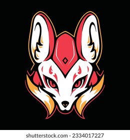 beautiful kitsune mask artwork with red an orange color. japanese mask