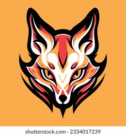 beautiful kitsune mask artwork with red an orange color. japanese mask