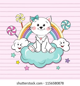 Beautiful kitten on the rainbow on a pink background for children
