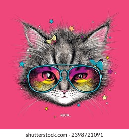 Beautiful kitten in sunglasses. Realistic sketch. Meow illustration. Stylish image for printing on any surface