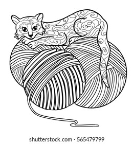 Beautiful kitten. Vector illustration. Cat  lies and playing with thread. Doodle. Coloring book for adults. Black and white in zentangle style. Little kitten.  Anti stress. playful. knitting