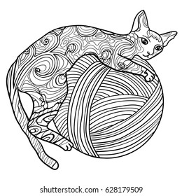 Beautiful kitten. Vector illustration. Cat  lies and playing with thread. Doodle. Coloring book for adults. Black and white in zentangle style. Little kitten.  Anti stress. playful. knitting