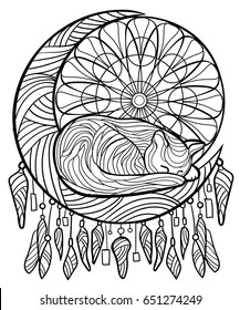 Beautiful kitten. Vector illustration. Cat sleeps on the moon. Doodle. Coloring book for adults. Black and white in zentangle style. Little kitten sleeps. Dreamcatcher. Shaman. Anti stress. Dream. 