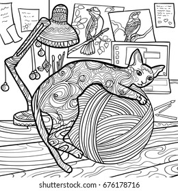 Beautiful kitten. Vector illustration. Cat  lies and playing with thread. Doodle. Coloring book for adults. Black and white in zentangle style. Little kitten.  Anti stress. playful. knitting