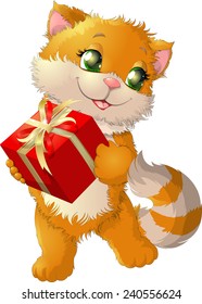 beautiful kitten who holds in his paws gift on white background