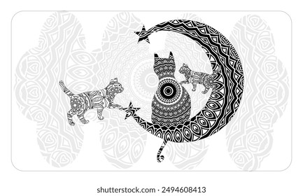 Beautiful kittens. Vector illustration. The cat sleeps on the Moon. Doodle. Coloring book for adults. Black and white zentangle. Three little kitten is sleeping. Dreamcatcher. 