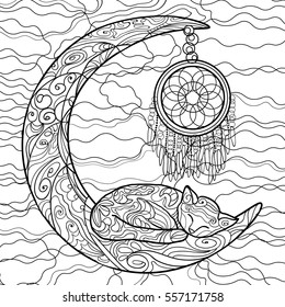 Beautiful kittens. Vector illustration. Cat sleeps on the moon. Doodle. Coloring book for adults. Black and white in zentangle style. Little kitten sleeps. Dreamcatcher. Shaman. Anti stress. Dream. 