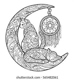 Beautiful kittens  Vector illustration  Cat  sit the moon  Doodle  Coloring book for adults  Black   white in zentangle style   Little kitten sleeps  Dreamcatcher   Dream  Shaman  Anti stress 