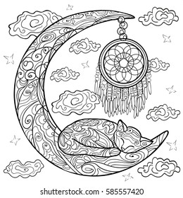 Beautiful kittens. Vector illustration. Cat sleeps on the moon. Doodle. Coloring book for adults. Black and white in zentangle style. Little kitten sleeps. Dreamcatcher. Shaman. Anti stress. Dream. 