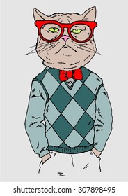 beautiful kitty  cat hipster dressed up in jacket, fashion animal illustration, anthropomorphic design furry art hand drawn