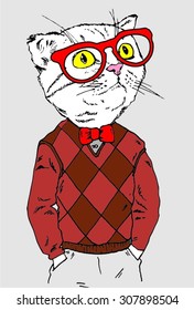 beautiful kitty cat hipster dressed up in jacket, fashion animal illustration, anthropomorphic design furry art hand drawn