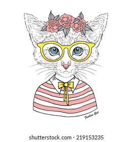 beautiful  kitty girl hipster in glasses and rose garland isolated on white