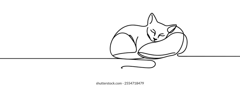 A beautiful kitty with is sleeping sweetly. A continuous line. Vector illustration drawn with a single line.